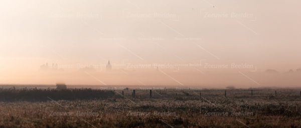 Panoramafoto mistige wei bij ochtendlicht
