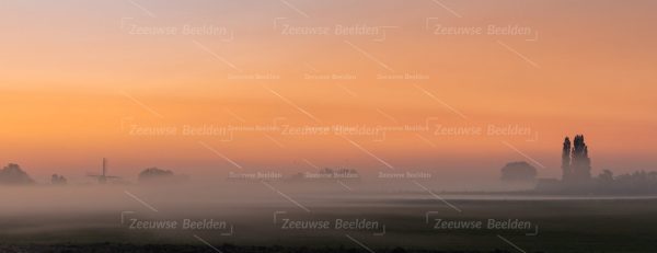 Panoramafoto platteland op een mistige ochtend